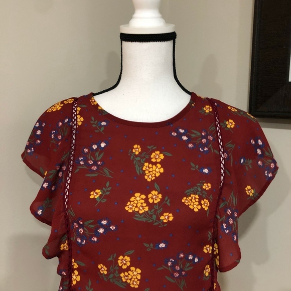 *SIENNA SKY* Maroon x Yellow Floral Ruffle Shirt - Picture 3 of 8